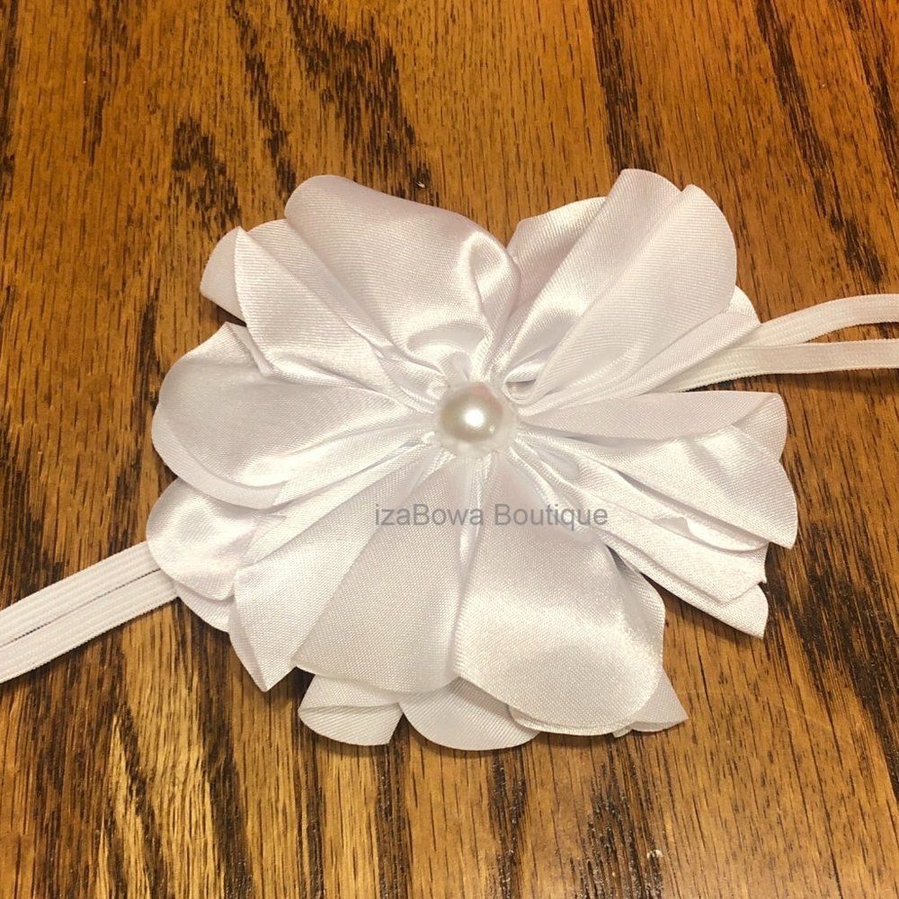 White Satin Flower w/ Pearl Center Headband  SPHB1  Handmade NWT Boutique